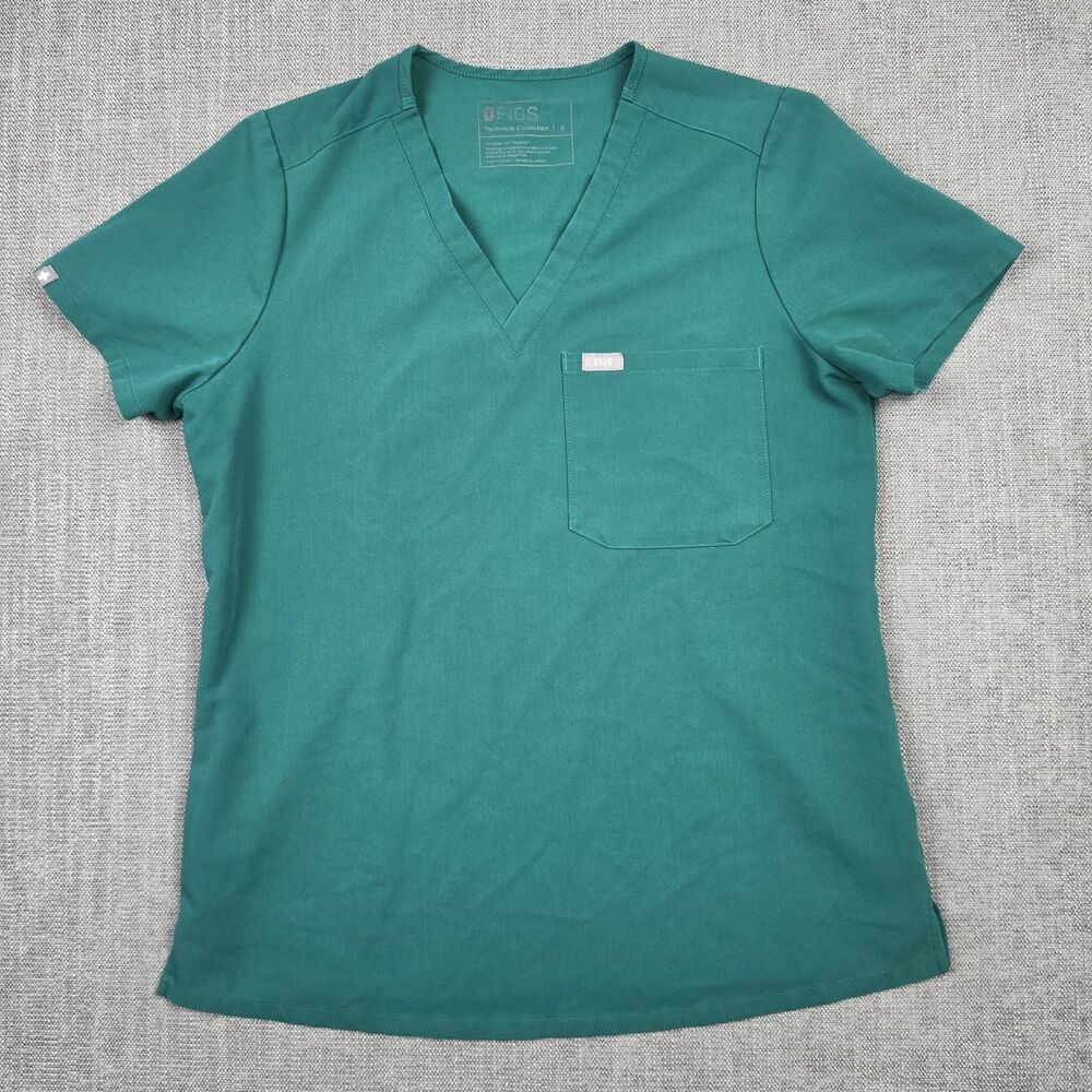 FIGS Technical Collection Scrub Top Womens Small Green One Pocket V-Neck